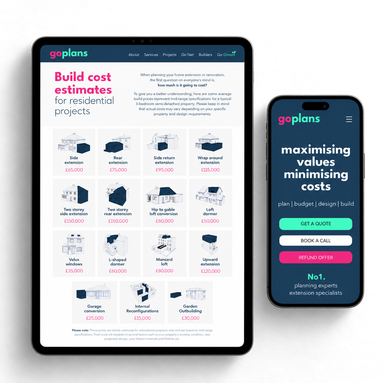 Go Plans rebrand and website shown on a tablet and phone, with estimate cards and campaign pages
