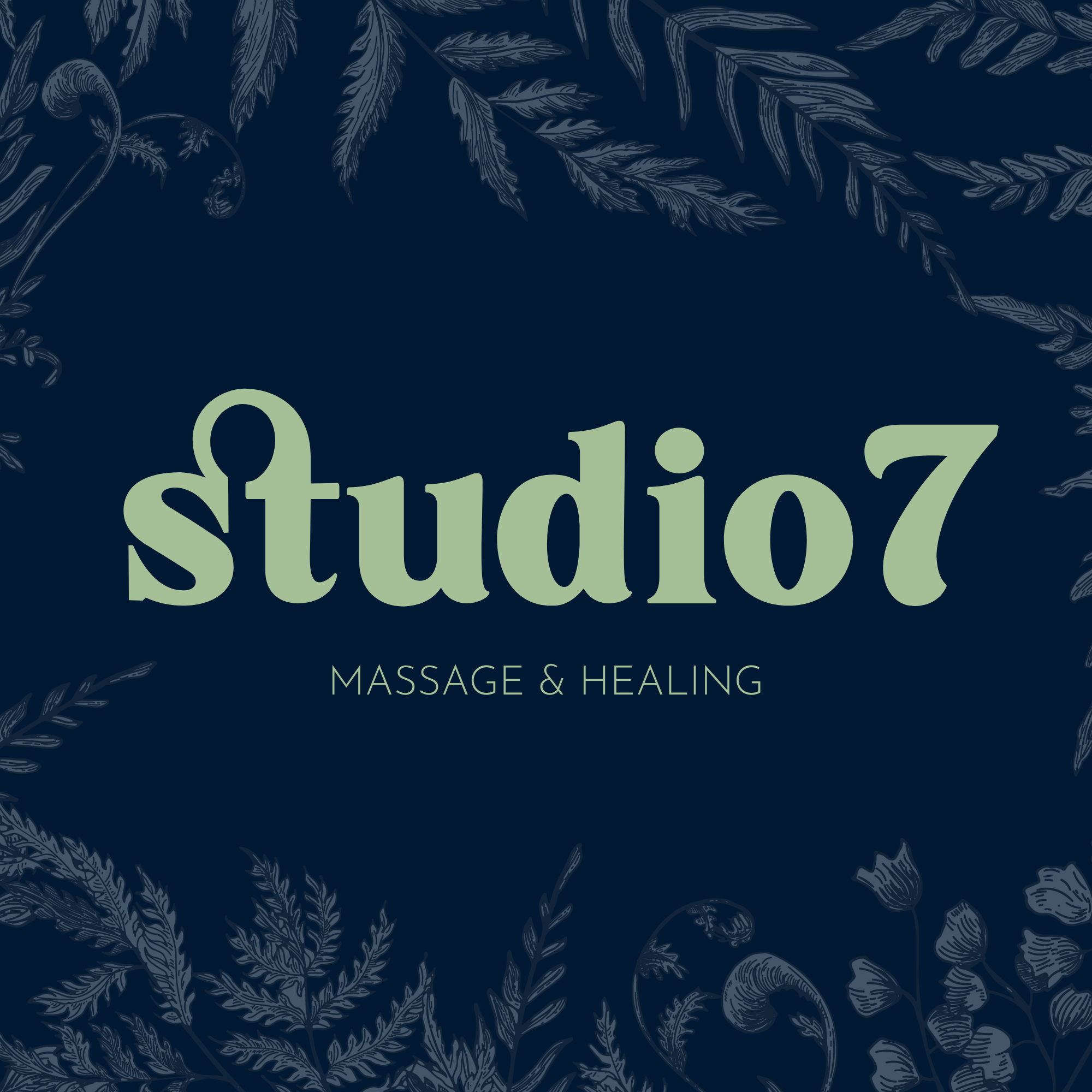 Studio7 brand cover: the sage-green wordmark on deep navy with hand-drawn botanical illustrations