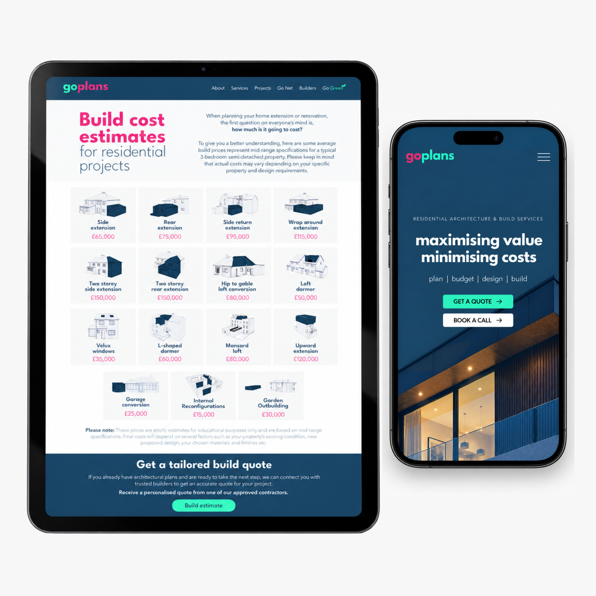Go Plans rebrand and website shown on a tablet and phone, with estimate cards and campaign pages