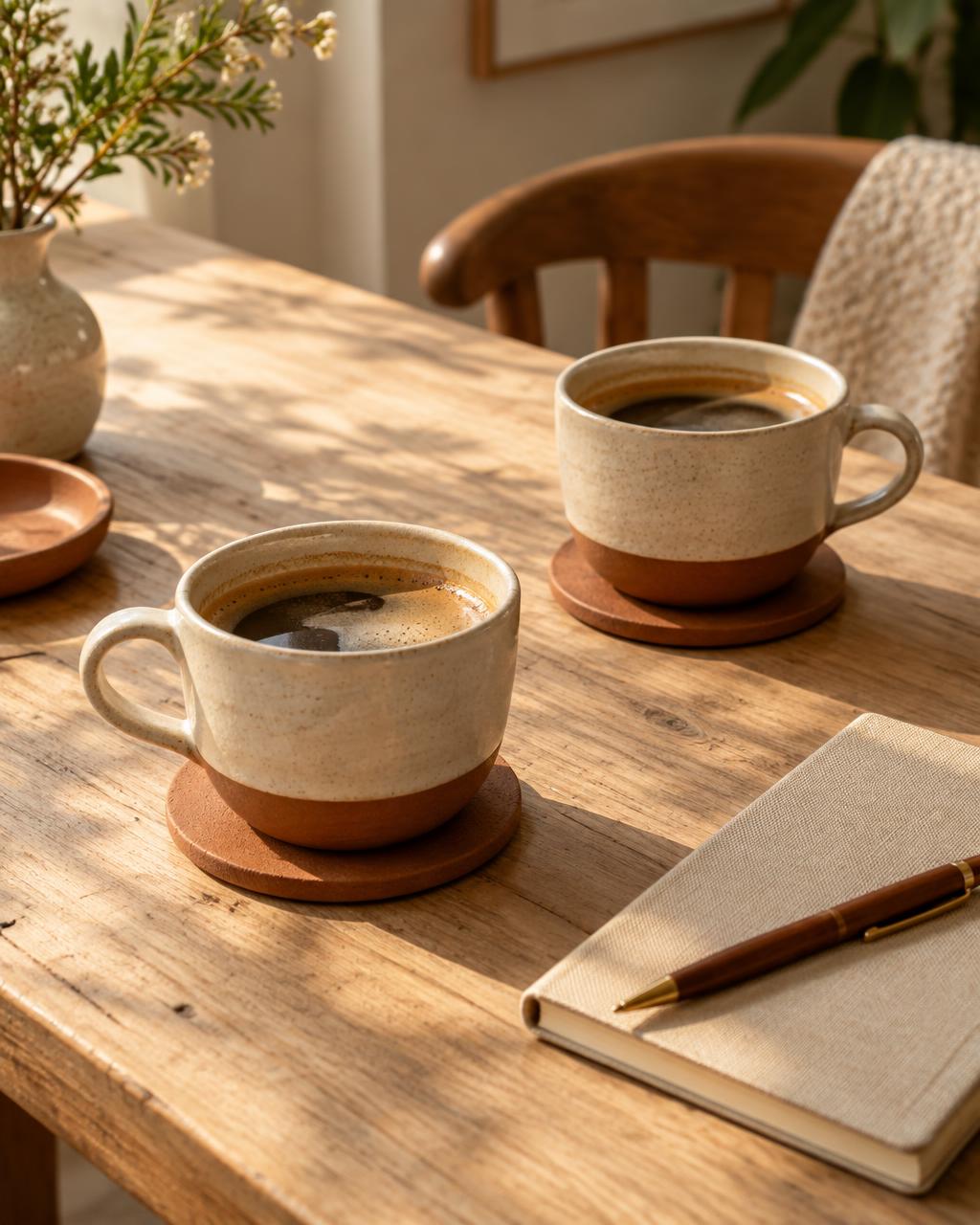 Two coffee cups and a notebook on a sunlit wooden table