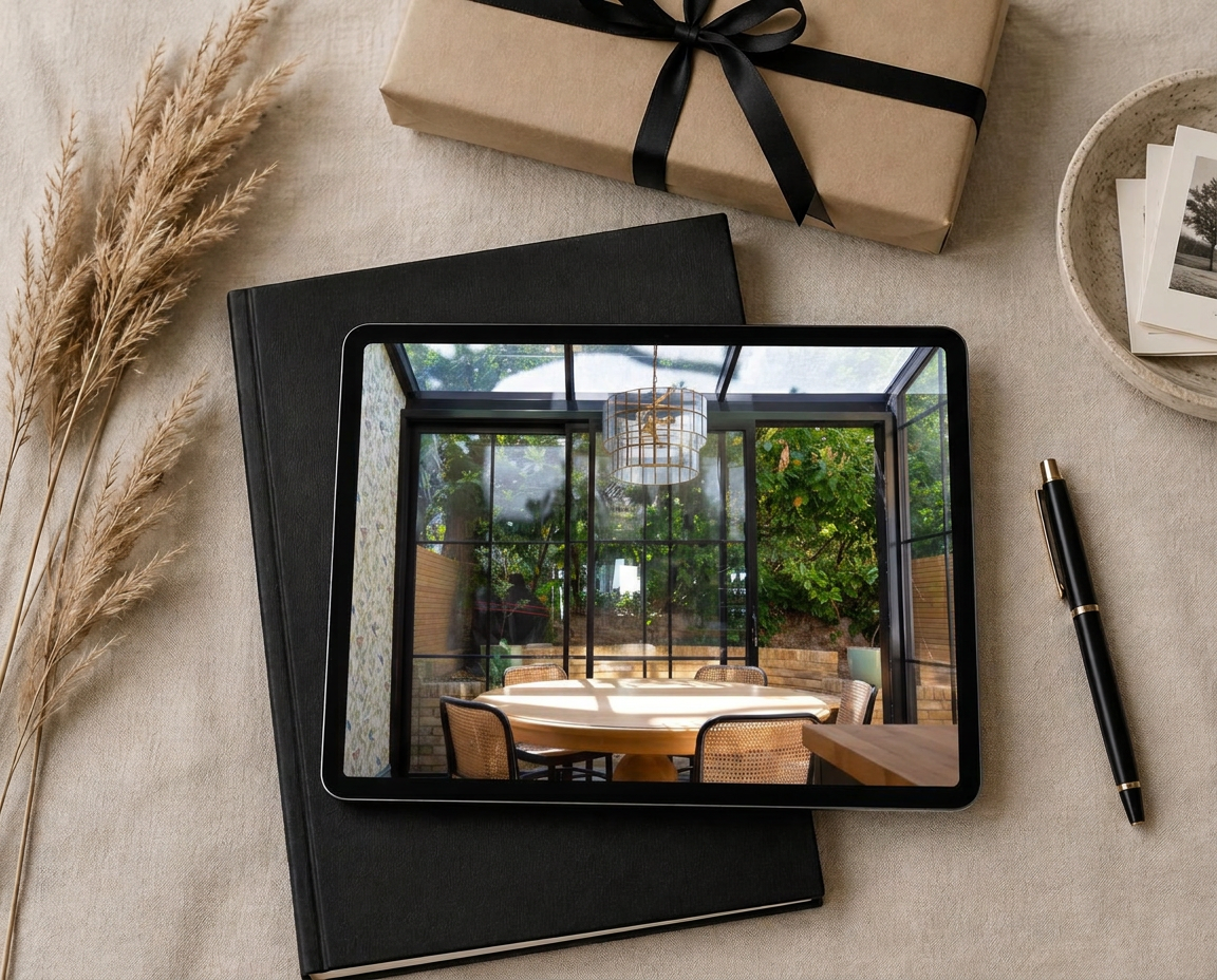 A beautifully gift-wrapped present with a burnt-orange ribbon beside a tablet showing a garden-room interior, resting on a black notebook